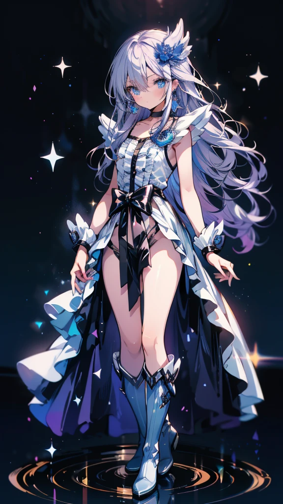 (High-definition CG), (Best Quality),((full body))， 1 girl,Alone, cure moonlight，sidelocks, hair ornament, blue rose, wrist cuffs, ribbon, single elbow glove, boots, eyelashes, serious， spats，Purple Hair， black choker ,  earrings for a woman alone, Blue Flower, Magical Girl, Waist Bow , Cure Moonlight Dress,  jewelry, flower, Wrist Cuffs,   Single Elbow Glove,  boots, eyelash, perfect face,  shiny skin,  wide hips, thin waist,Knee-high  boots， elbow bag, 1 girl, Long Hair, 