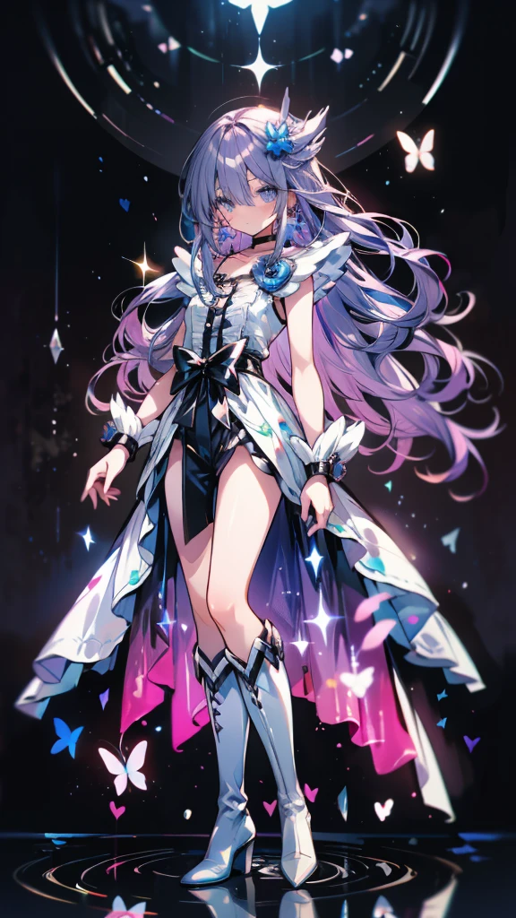 (High-definition CG), (Best Quality),((full body))， 1 girl,Alone, cure moonlight，sidelocks, hair ornament, blue rose, wrist cuffs, ribbon, single elbow glove, boots, eyelashes, serious， spats，Purple Hair， black choker ,  earrings for a woman alone, Blue Flower, Magical Girl, Waist Bow , Cure Moonlight Dress,  jewelry, flower, Wrist Cuffs,   Single Elbow Glove,  boots, eyelash, perfect face,  shiny skin,  wide hips, thin waist,Knee-high  boots， elbow bag, 1 girl, Long Hair, 