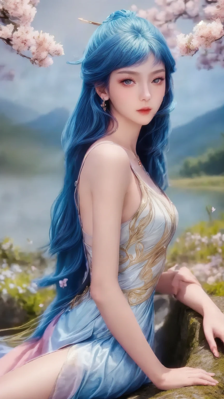 "An extremely beautiful queen,(best quality,4k, highres,masterpiece:1.2),ultra-detailed,(realistic,photorealistic,photo-realistic:1.37),beautiful q, sparkling crown, colorful gemstones, golden scepter, elegant pose, soft lighting, vibrant colors,delicate facial features, long flowing hair, black eye pupils, The big, round platinum eyes are beautiful and super detailed, red and detailed makeup eyebrows, mouth closed tightly, dreamy atmosphere, the most perfect body, ethereal beauty, proud expression, clasped the hands behind her back, strikingly graceful, lovely and charming, attention to detail, regal and majestic,fairytale-like ambiance,1 girl, 1 alone, full body, blue dressHere's a text prompt you can use to generate an image similar to the one you uploaded: "Create a serene scene of a beautiful young woman with long blue hair, dressed in an elegant white and blue dress with intricate designs. She is sitting gracefully on a stone bridge with cherry blossom trees around her, pink petals gently falling. The setting is in a peaceful mountain landscape, with misty mountains and a calm lake in the background. The lighting is soft and warm, capturing the essence of a calm spring morning. The woman's expression is calm and thoughtful, and her hair flows gently in the breeze." This prompt should help recreate a similar atmosphere and style for your image.