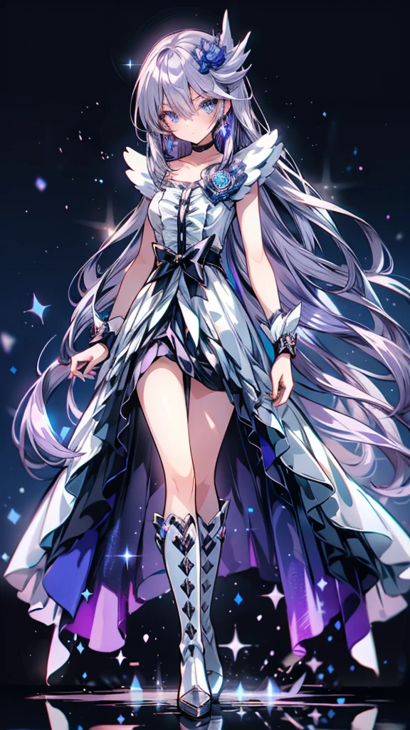 (High-definition CG), (Best Quality),((full body))， 1 girl,Alone, cure moonlight，sidelocks, hair ornament, blue rose, wrist cuffs, ribbon, single elbow glove, boots, eyelashes, serious， spats，Purple Hair， black choker ,  earrings for a woman alone, Blue Flower, Magical Girl, Waist Bow , Cure Moonlight Dress,  jewellery, flower, Wrist Cuffs,   Single Elbow Glove,  boots, eyelash, perfect face,  shiny skin,  wide hips, thin waist,Knee-high  boots， elbow bag, 1 girl, Long Hair, 