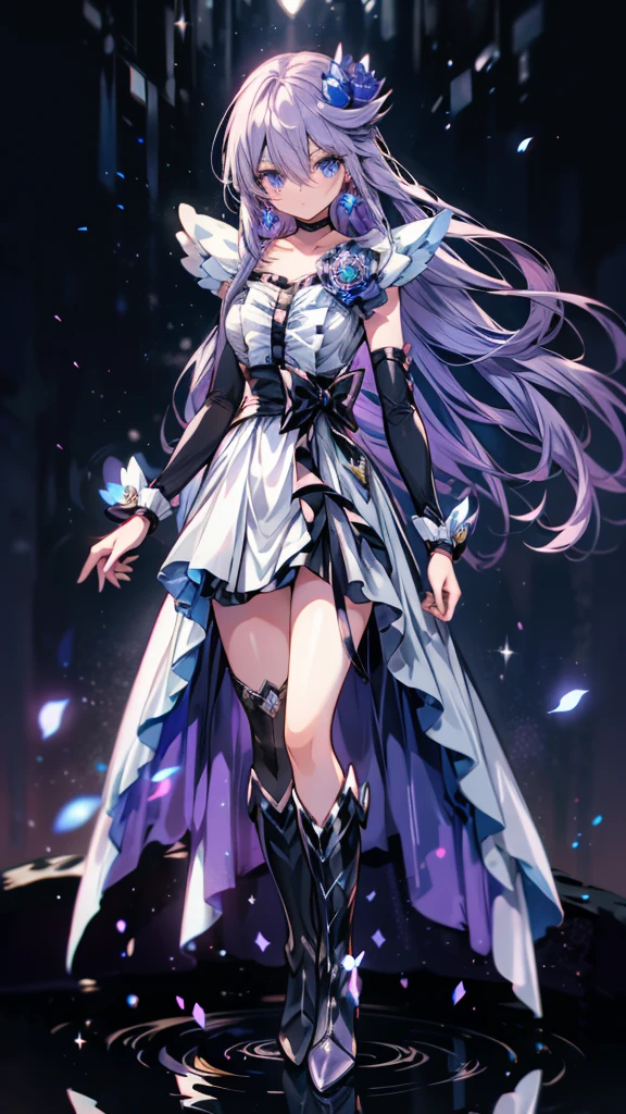 (High-definition CG), (Best Quality),((full body))， 1 girl,Alone, cure moonlight，sidelocks, hair ornament, blue rose, wrist cuffs, ribbon, single elbow glove, boots, eyelashes, serious， spats，Purple Hair， black choker ,  earrings for a woman alone, Blue Flower, Magical Girl, Waist Bow , Cure Moonlight Dress,  jewellery, flower, Wrist Cuffs,   Single Elbow Glove,  boots, eyelash, perfect face,  shiny skin,  wide hips, thin waist,Knee-high  boots， elbow bag, 1 girl, Long Hair, 