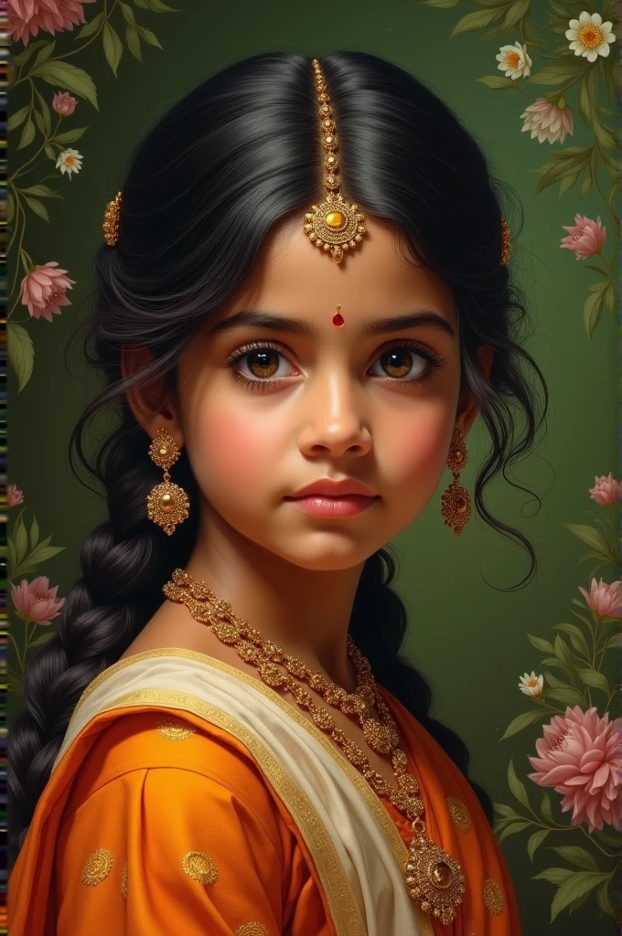 A girl in indian attire on her knees, wearing a pink collar around her neck