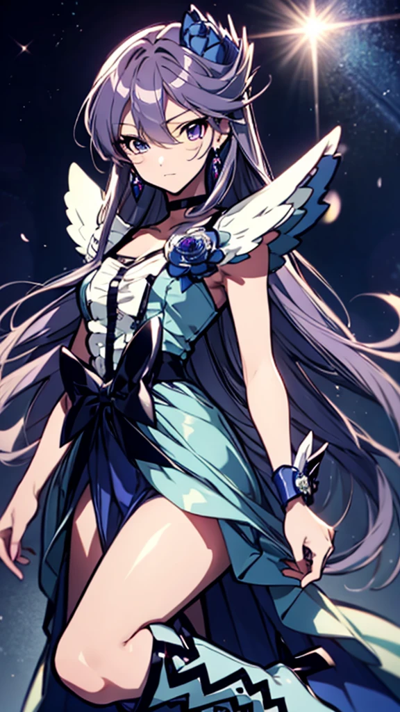 (High-definition CG), (Best Quality),((full body))， 1 girl,Alone, cure moonlight，sidelocks, hair ornament, blue rose, wrist cuffs, ribbon, single elbow glove, boots, eyelashes, serious，Purple Hair， black choker ,  earrings for a woman alone, Blue Flower, Magical Girl, Waist Bow , Cure Moonlight Dress,  jewellery, flower, Wrist Cuffs,   Single Elbow Glove,  boots, eyelash, perfect face,  shiny skin,  wide hips, thin waist,Knee-high  boots， elbow bag, 1 girl, Long Hair, 