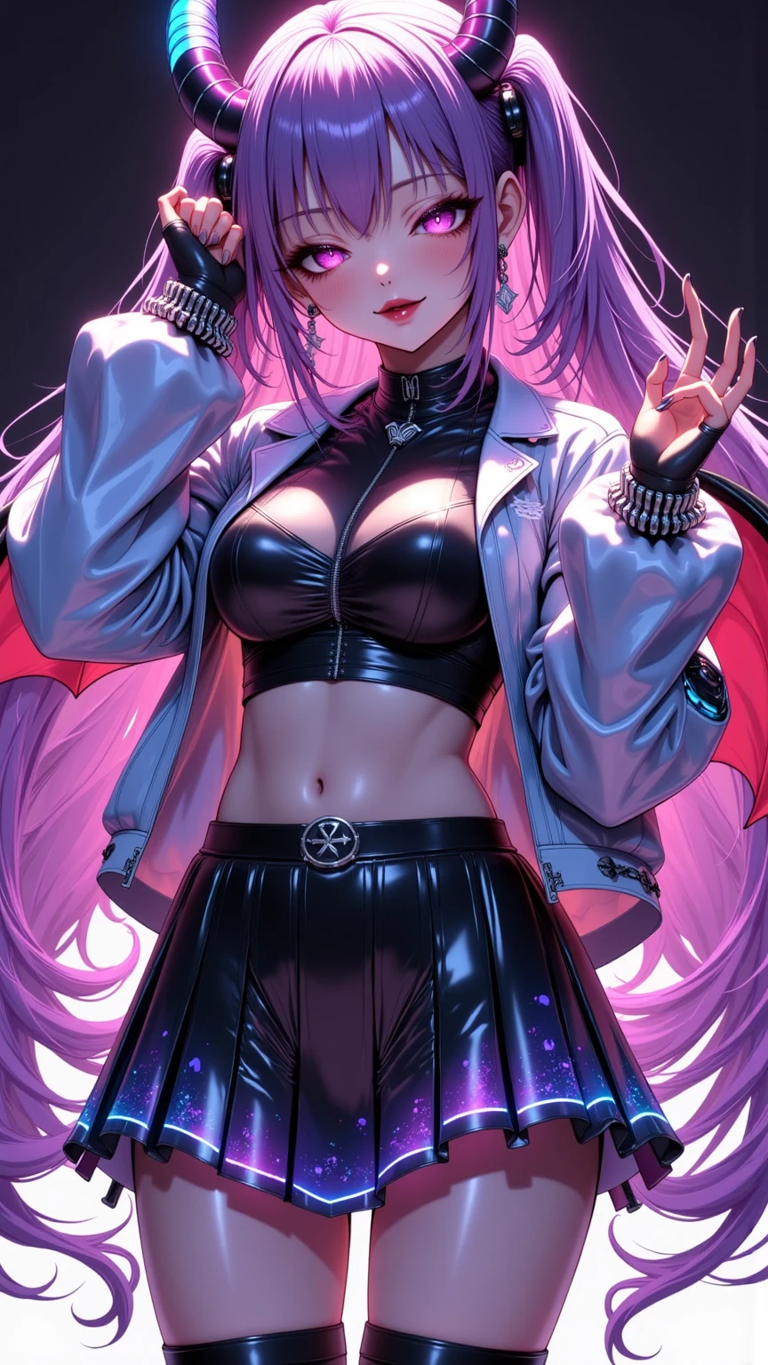 hyperrealistic characters, neon outline effect, neon paint shading effect, bright colors, magical special effects, digital watercolor effect, air flow visualization effect, 1girl, black shirt, white tie, translucent round sunglasses, gothic soft makeup, long silky hair, beautiful blue eyes, black mini skirt, stockings, posing, fighting pose, casting a spell, reading a spell, (best quality,4k,8k,highres,masterpiece:1.2),ultra-detailed,(realistic,photorealistic,photo-realistic:1.37),vivid colors,studio lighting,extreme detail description,professional