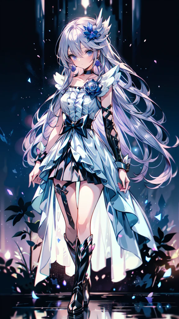 (High-definition CG), (Best Quality),((full body))， 1 girl,Alone, cure moonlight，sidelocks, hair ornament, blue rose, wrist cuffs, ribbon, single elbow glove, boots, eyelashes, serious， spats，Purple Hair， black choker ,  earrings for a woman alone, Blue Flower, Magical Girl, Waist Bow , Cure Moonlight Dress,  jewellery, flower, Wrist Cuffs,   Single Elbow Glove,  boots, eyelash, perfect face,  shiny skin,  wide hips, thin waist,Knee-high  boots， elbow bag, 1 girl, Long Hair, 