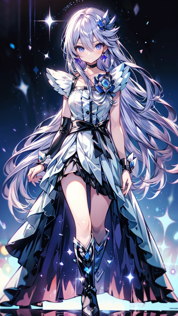 (High-definition CG), (Best Quality),((full body))， 1 girl,Alone, cure moonlight，sidelocks, hair ornament, blue rose, wrist cuffs, ribbon, single elbow glove, boots, eyelashes, serious， spats，Purple Hair， black choker ,  earrings for a woman alone, Blue Flower, Magical Girl, Waist Bow , Cure Moonlight Dress,  jewellery, flower, Wrist Cuffs,   Single Elbow Glove,  boots, eyelash, perfect face,  shiny skin,  wide hips, thin waist,Knee-high  boots， elbow bag, 1 girl, Long Hair, 