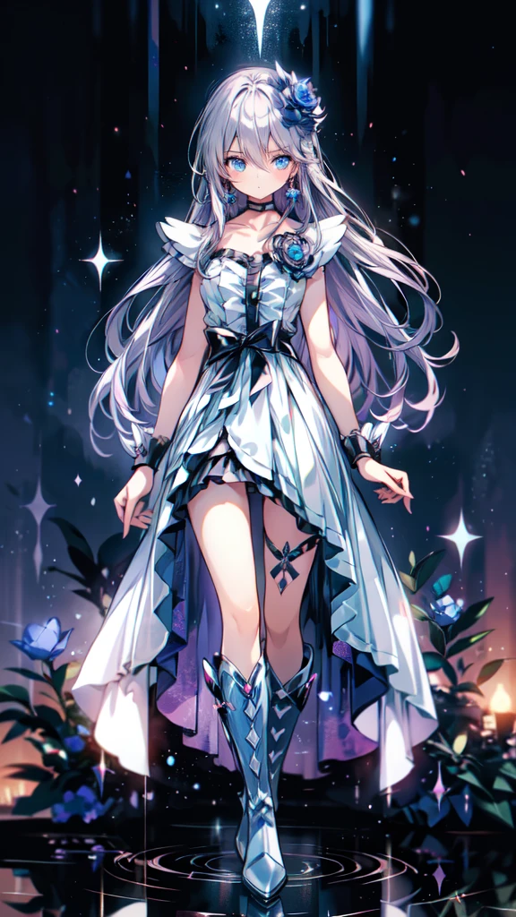 (High-definition CG), (Best Quality),((full body))， 1 girl,Alone, cure moonlight，sidelocks, hair ornament, blue rose, wrist cuffs, ribbon, single elbow glove, boots, eyelashes, serious， spats，Purple Hair， black choker ,  earrings for a woman alone, Blue Flower, Magical Girl, Waist Bow , Cure Moonlight Dress,  jewellery, flower, Wrist Cuffs,   Single Elbow Glove,  boots, eyelash, perfect face,  shiny skin,  wide hips, thin waist,Knee-high  boots， elbow bag, 1 girl, Long Hair, 