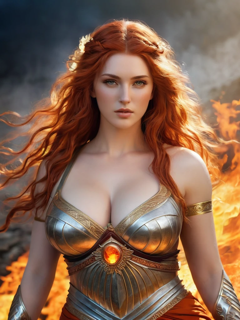 A beautiful orange haired woman, (wearing sexy chariot dress catching fire), Hunger Games rings of fire movie background, (sexy), (photorealism), (best quality) ,(detailed) ,(intricate),(8k) ,(HDR), (wallpaper) (cinematic lighting), perfect face, perfect eyes, (((cleavage, nippin, camel toe))), sharp focus, elegance, render, octane, award-winning photography, masterpiece