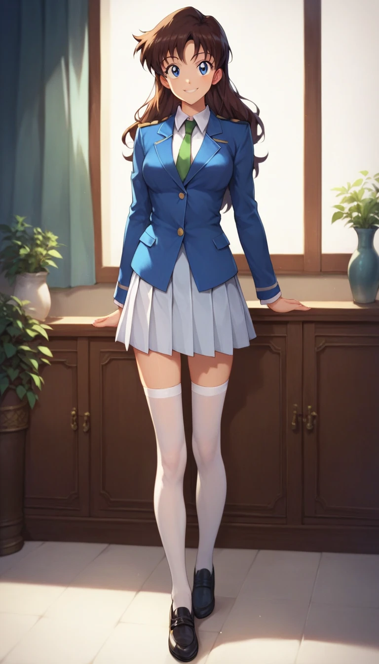 RanMoriDCXL, ran mori, detective conan, blue eyes, dark brown hair, long hair, 1 pointed hair, bangs, medium breasts, slender body, smile, blue jacket l, closed jacket, white shirt, green necktie, blue pleated short skirt, matching blue uniform, white stockings, black shoes, solo, standing, looking at viewer, indoors, facing viewers, front view, hands to the side, standing straight