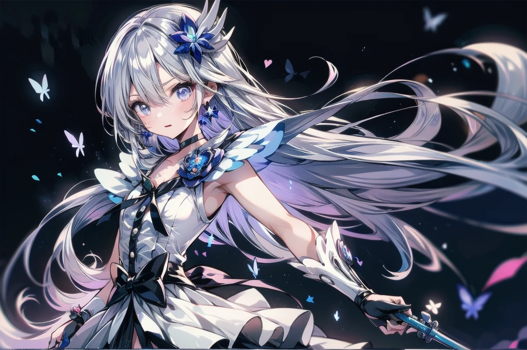 (High-definition CG), (Best Quality),((full body))， 1 girl,Alone, cure moonlight，sidelocks, hair ornament, blue rose, wrist cuffs, ribbon, single elbow glove, boots, eyelashes, serious， spats，Purple Hair， black choker ,  earrings for a woman alone, Blue Flower, Magical Girl, Waist Bow , Cure Moonlight Dress,  jewellery, flower, Wrist Cuffs,   Single Elbow Glove,  boots, eyelash, perfect face,  shiny skin,  wide hips, thin waist,Knee-high  boots， elbow bag, 1 girl, Long Hair, 