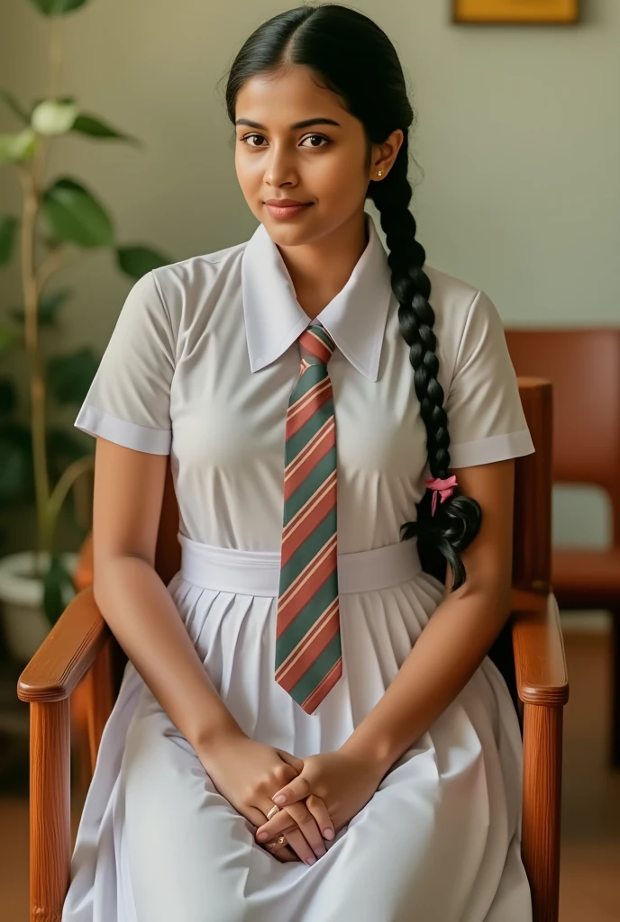 a beautiful cute young teen girl, sri lanka , big breasts size , detailed white frock uniform, color tie , sitting on the chair, white shoes and socks , full body , wide photo ,cinematic lighting, hyperrealistic, photorealistic, 8k, masterpiece, warm colors, natural lighting , high quality, intricate details