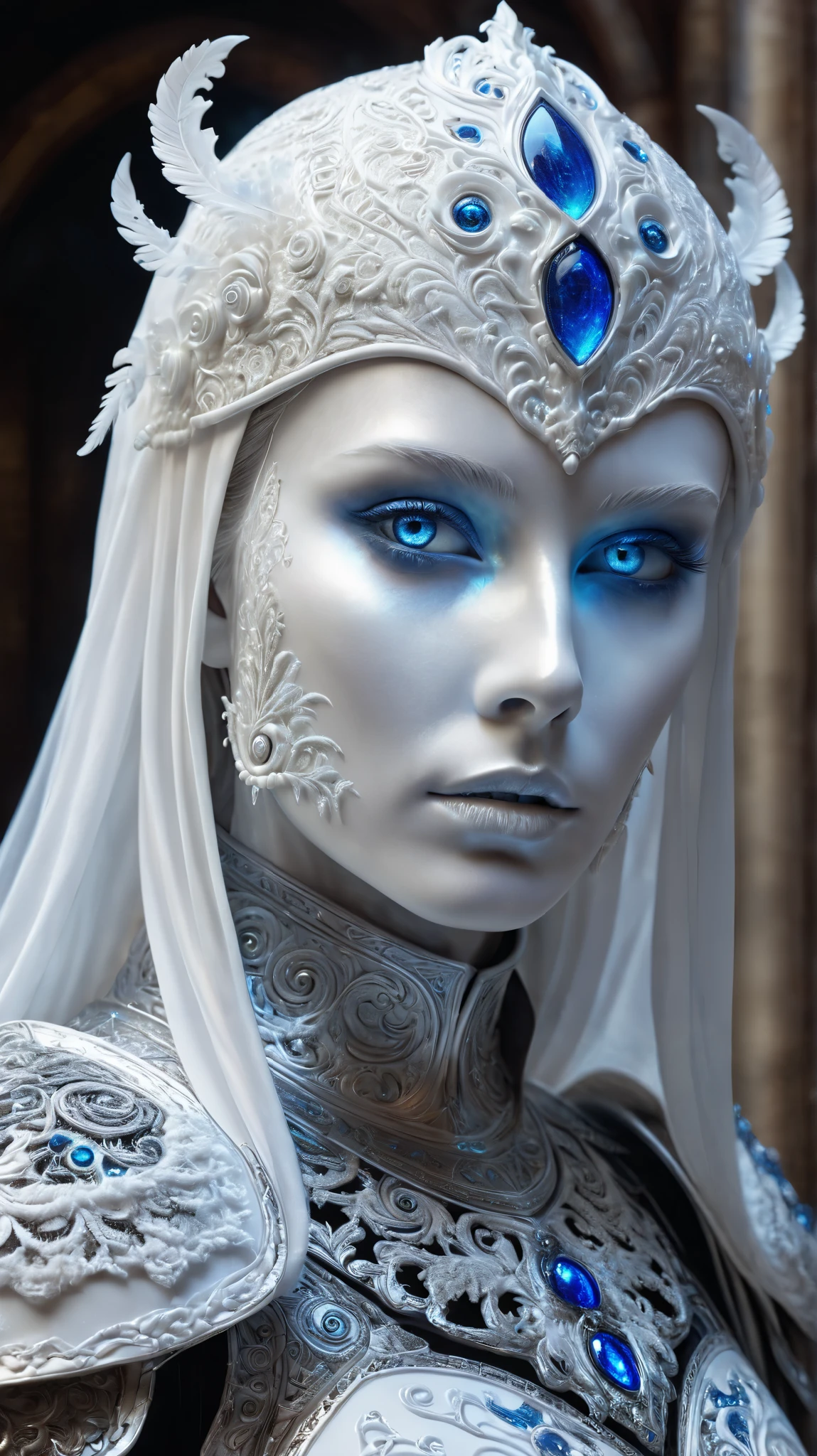 humanoid android, covered in white porcelain skin, blue eyes, white wispy ghost wearing ornate armour 4k realistic fantasy, insane details, ghost phantom effect, hyper detailed, photoreal, photography, cinematic lighting, hdr, hd, cinematography, realism, fine art digital, HD, Mark Molnar mystical, redshift rendering, 8k,