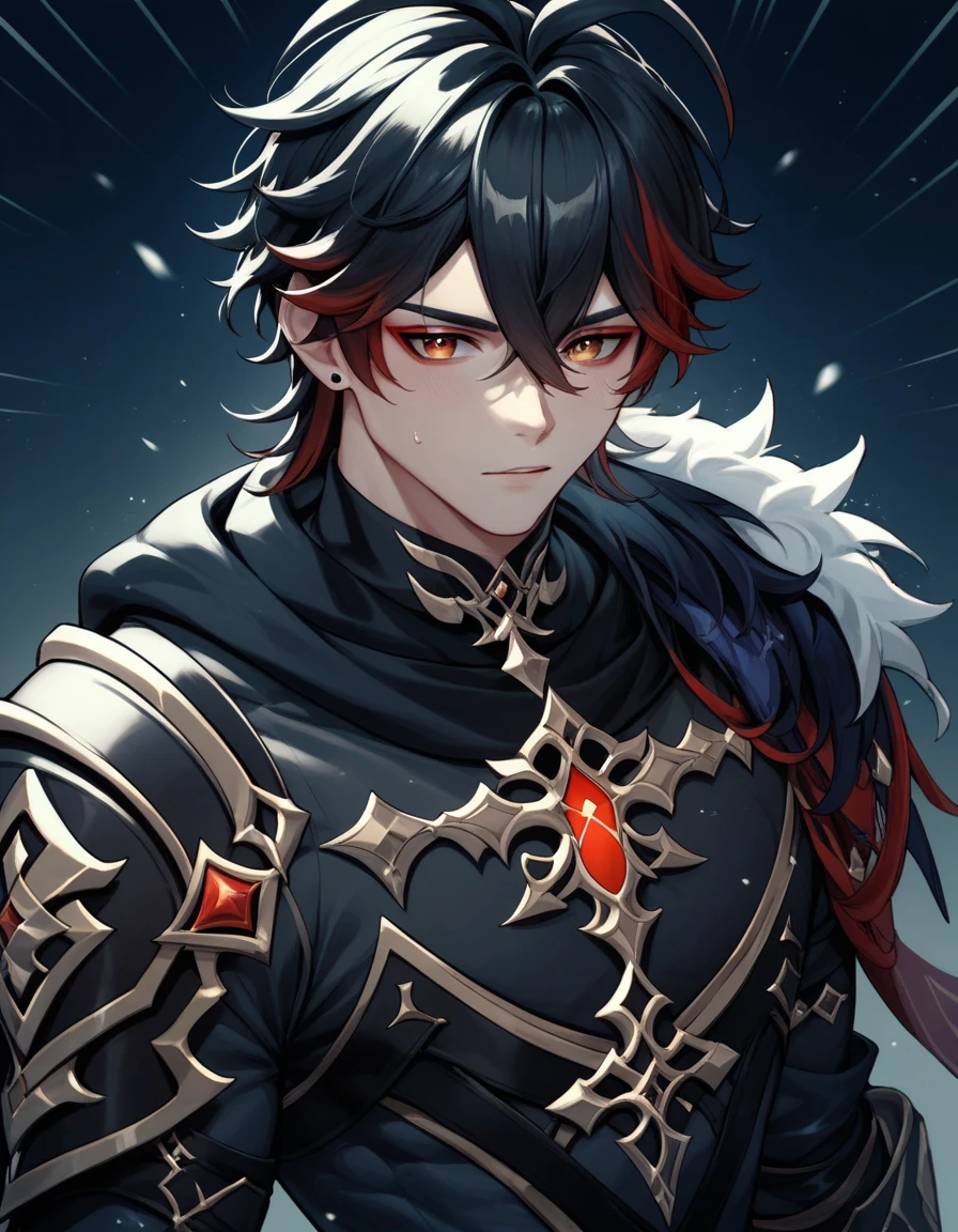 ((Genshin Impact Game Style)) , Human Male, Black haircut ,red highlights , Cold Clothing ,Black Knight armor 