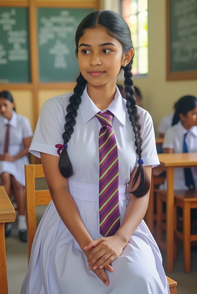 a beautiful cute young teen girl, sri lanka , big breasts size , detailed white frock uniform, color tie , sitting on the school classroom, white shoes and socks , full body , wide photo ,cinematic lighting, hyperrealistic, photorealistic, 8k, masterpiece, warm colors, natural lighting , high quality, intricate details