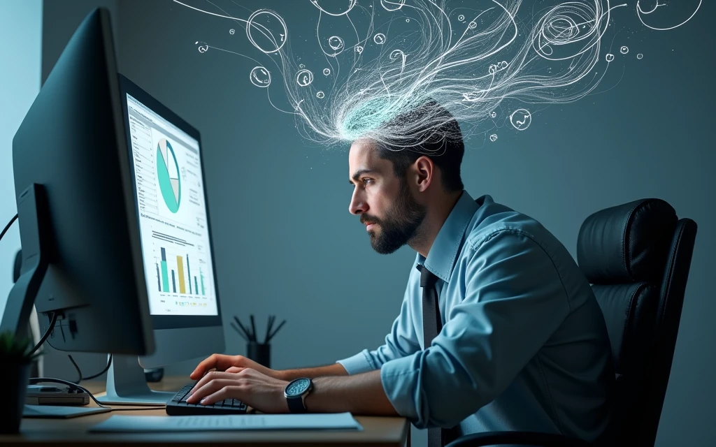 Create an image of a man sitting down writing on a sheet of paper with his brain exposed, with the cyberpunk environment and neon colors with blue lighting and a high contrast dark background
