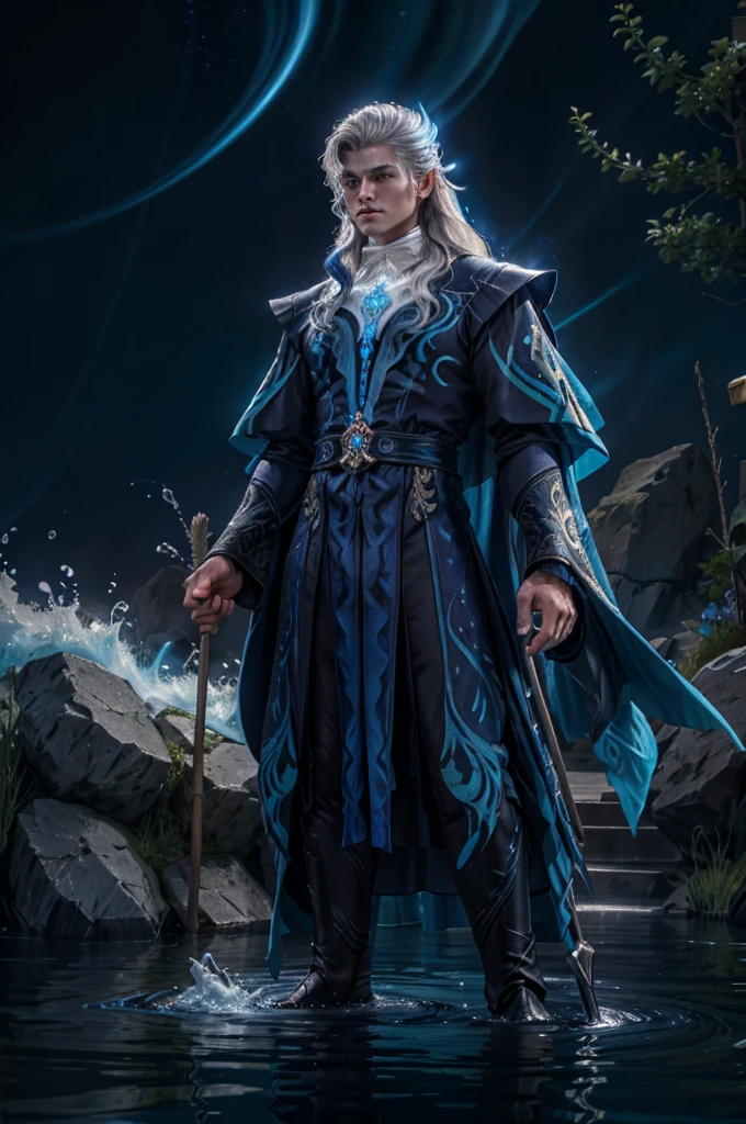 1 man neuvilette, long hair, silver hair, blue streak, blue glowing eyes, fist glowing, water waves in background, holding stick up high, royal robes, gentle look on face