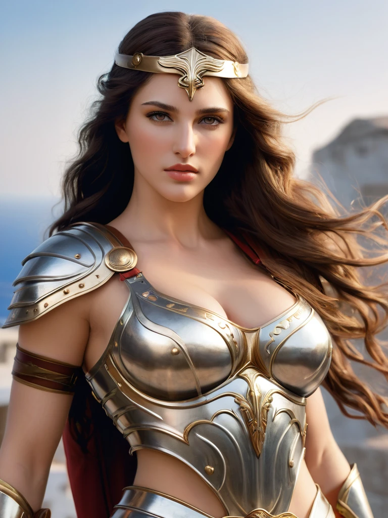 "Atenea". Not safe for work. Realistic photo from the waist up. . . Atenea. Woman warrior with a golden helmet on her head. Black short hair. Big breasts. She wears a transparent golden tunic. Without armor. A billowing red cloak. Athletic body. In her hands, a shield and a spear. Defiant stance. Epic background in the middle of an open field with suspended dust and smoke... ((masterpiece)). Professional photography, ultra-sharp focus. RAW analog photography, 80mm f2.8 lens, best quality, ultra detailed, 8k, intricate detail, minute detail, detail rendering, lifelike detail. Detailed hands, perfect eyes, detailed face.