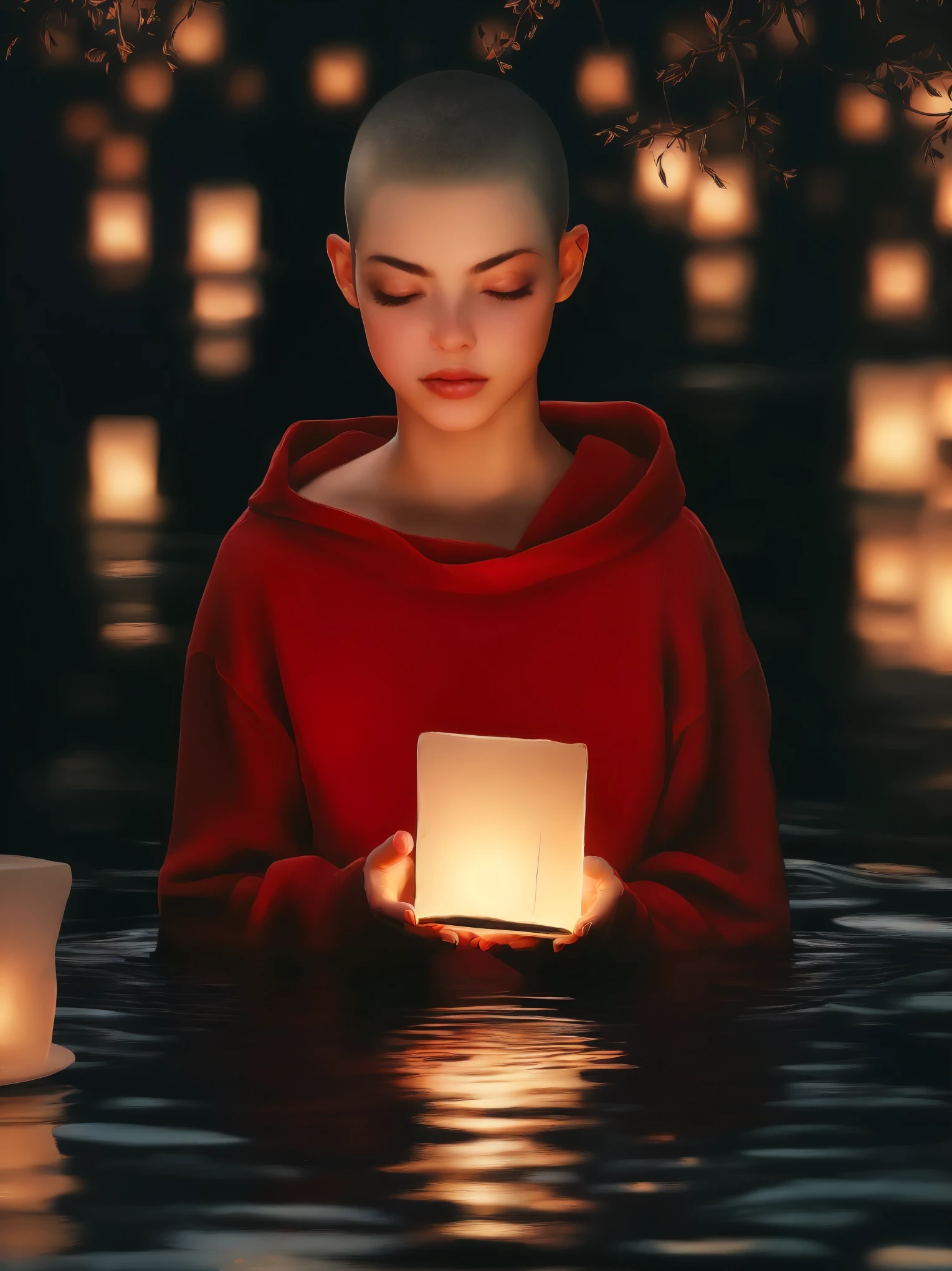 (best quality, masterpiece, photorealistic, ultra-detailed:1.2), a beautiful woman letting go a lantern that is then floating on the water, ambient light, reflective, beautiful dark background, acrylic painting