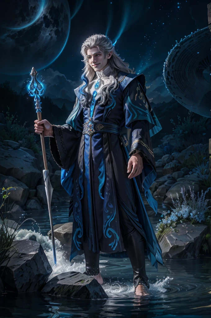 1 man neuvilette, long hair, silver hair, blue streak, blue glowing eyes, fist glowing, water waves in background, holding stick up high, royal robes, gentle smile on face