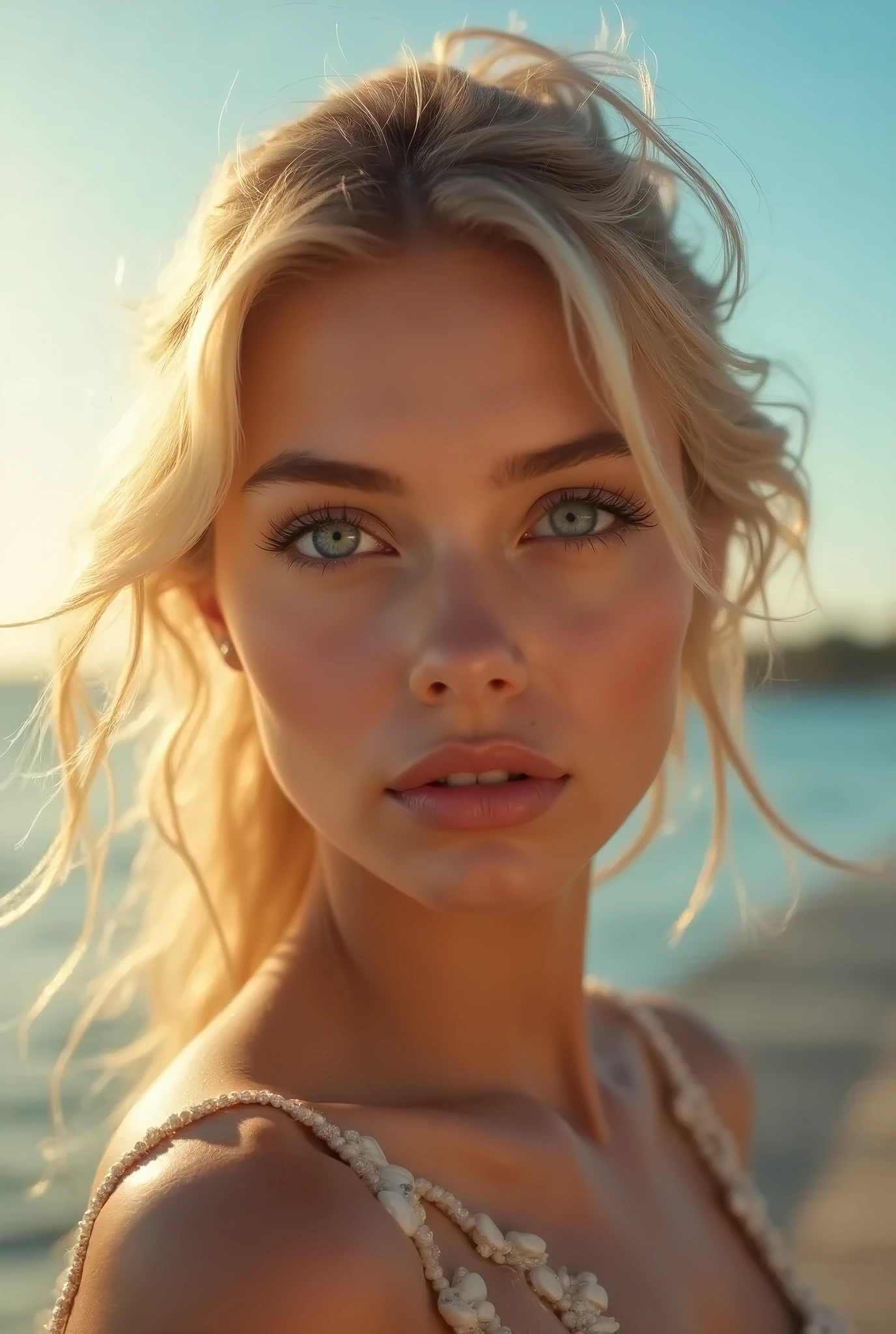 Beautiful and charming woman in fashion trend, whole body: 1.6, looking forward casual hairstyle, Sitting under an umbrella, By sea, Bodycon slip dress in random color, the wind blows your hair, blue sky and white clouds, tender sexy collarbone, covering the chest, adorable goose egg face, double eyelids, Smart peach colored eyes, розовый lips, small upturned nose, bare shoulders, concentrated face, face close up, ultra high resolution, ultra detail, ultra-thin translucent, Fresh & Good, look through, blonde, ultra textured leather