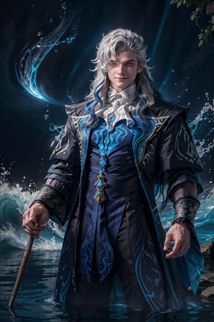 1 man neuvilette, long hair, silver hair, blue streak, blue glowing eyes, fist glowing, water waves in background, holding stick up high, royal robes, gentle smile on face, half portrait