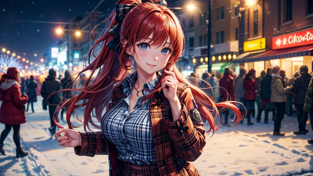 1girl, solo, trees, sun, clouds, autumn, colorful trees, falling leaves, ((red hair)), large breasts, ((brown leather jacket)), button down shirt, ((blue checked shirt)), ((unbuttoned shirt)), unbuttoning buttons, ((full cleavage)), blue eyes, long skirt, brown boots, smile, happy, looking at the viewer, walking, upper view, hair ribbon, golden necklate