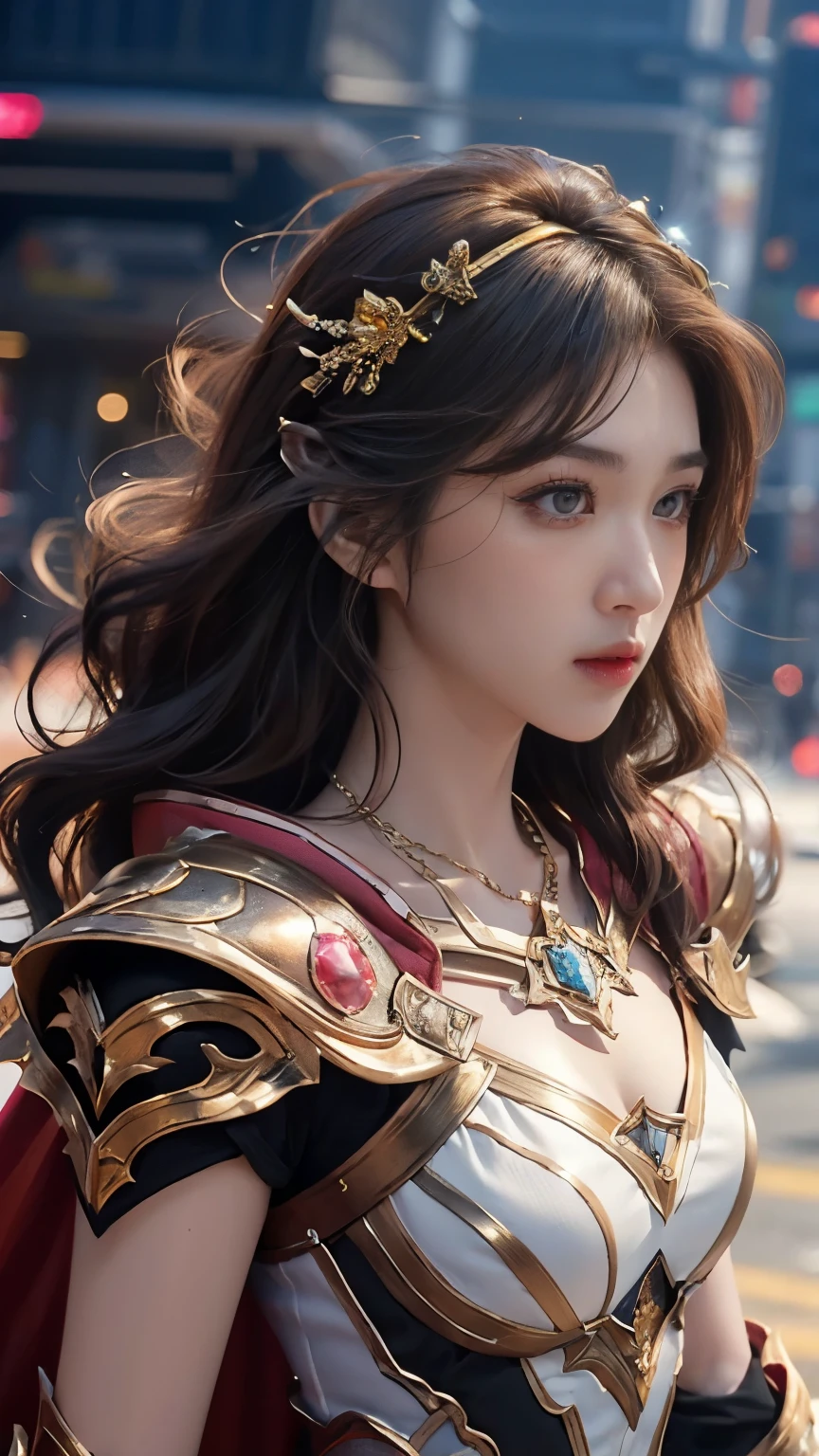 (close up:1.2), Top quality, masterpiece, ultra high definition, Original photo, 1 Girl, ((slim body)), ((wavy sardine)), cinematic lighting, very long hair, detailed eyes, wind, necklace, piercing, ((metallic cosplay)), ((ironic outfit)), ((visible cleavage)), ((red armor)), ((electric cape)), ((waist)), ((pink helm)), ((glowing neon)), ((realistic)), in the palace, night weather, cinematic pose,