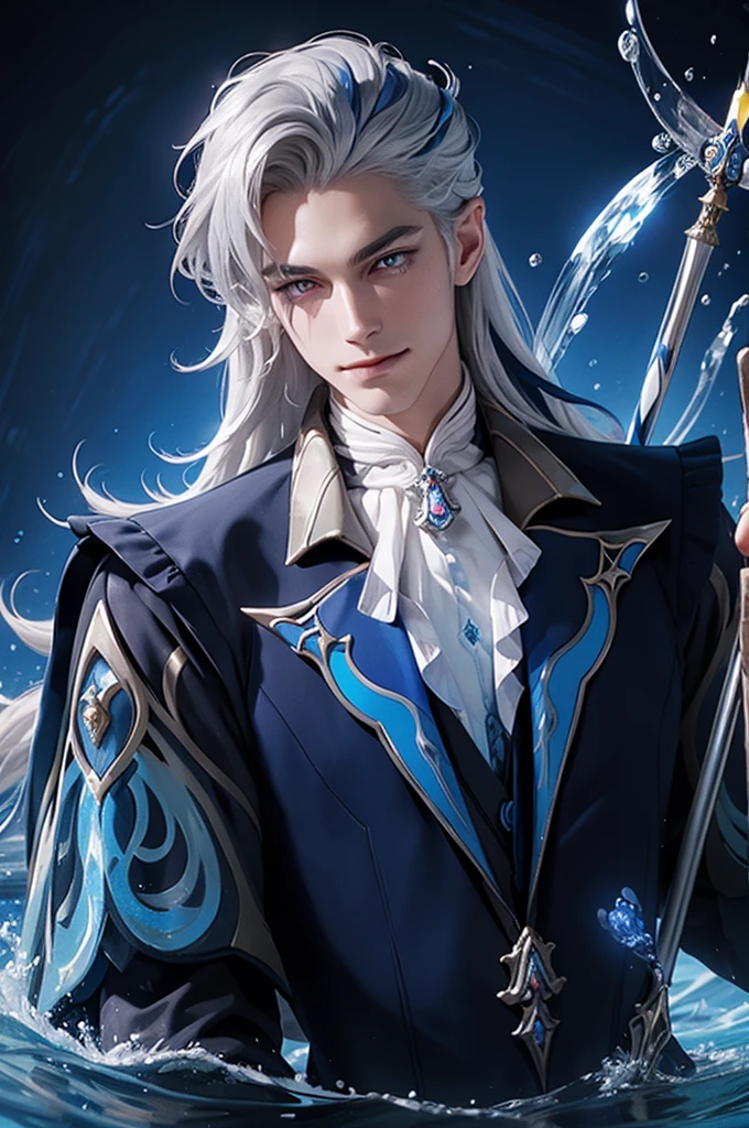 1 man neuvilette, long hair, silver hair, blue streak, blue glowing eyes, fist glowing, water waves in background, holding stick up high, royal robes, gentle smile on face, half portrait
