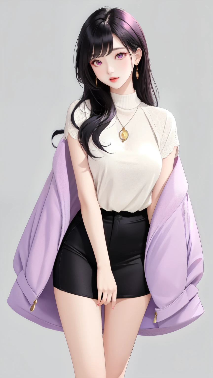 woman　Chic outfit　Image Color　Purple　Black Hair　Big eyes　 standing above the knee　Warm colored clothing　 silver accessory　Pink Eyes　No background　No background　Older sister style