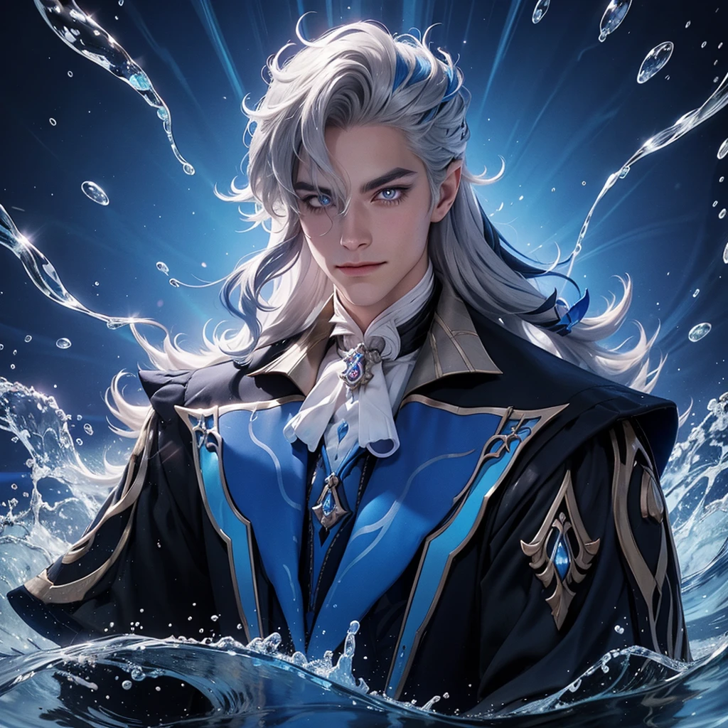 1 man neuvilette, long hair, silver hair, blue streak, blue glowing eyes, fist glowing, water waves in background, holding stick up high, royal robes, gentle smile on face, half portrait
