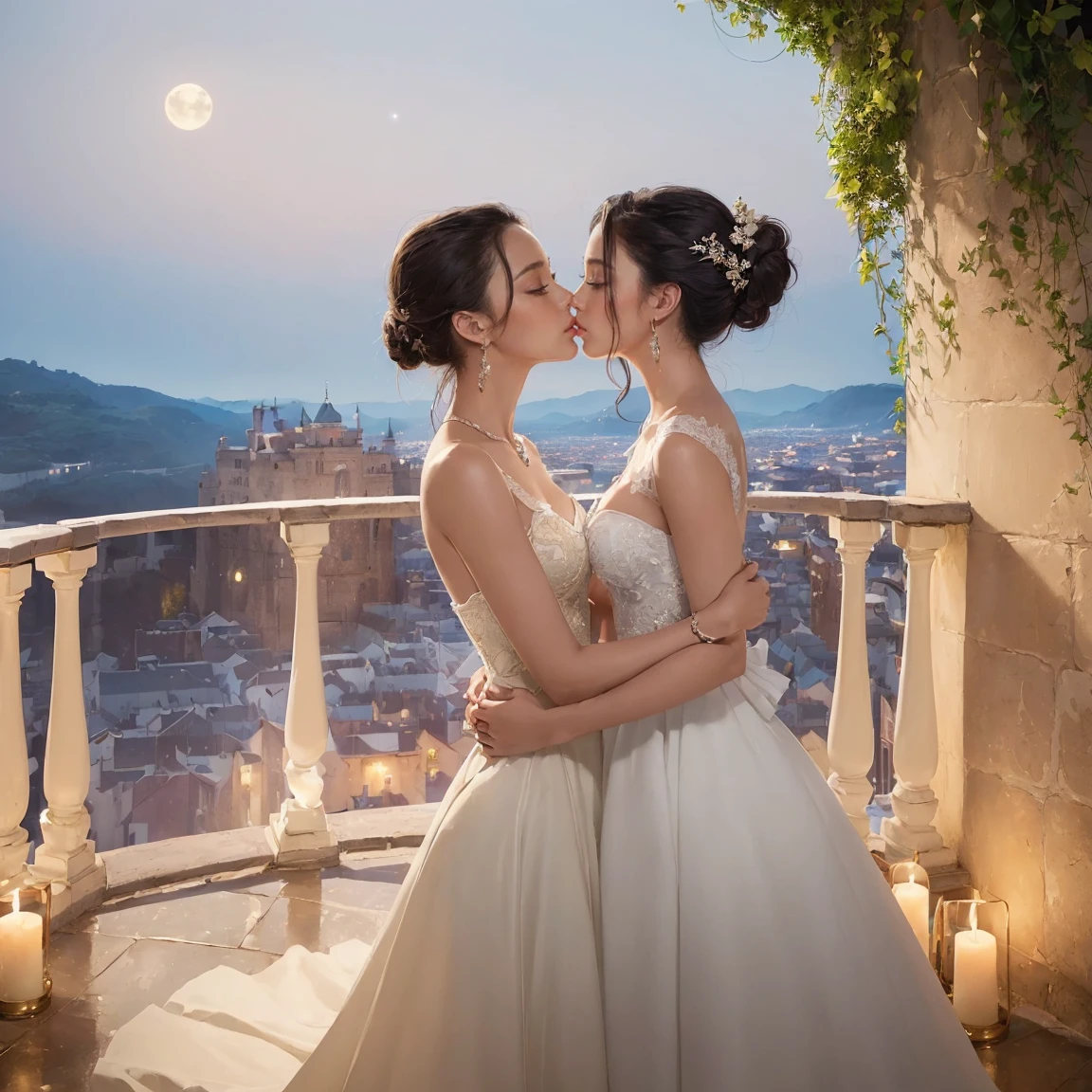 (masterpiece, best quality:1.5), two women is deeply in love with each other, kiss, romantic atmosphere, flower and moon, magnificent panorama view