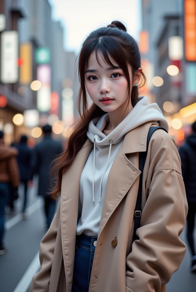  photorealistic, 8k full length portrait, Beautiful woman,  Charming expression ,  clear the system,  ponytail, 20 years old, Tokyo, winter, With Shibuya in the background