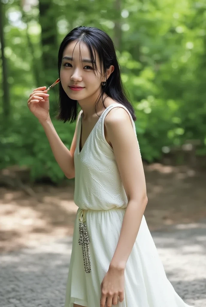 (8k、 RAW Photos、Best Quality、masterpiece:1.2)、(Realistic、 photorealistic)、 1 girl、(In the woods, short hair)),( indecent poses:1.7),( upper _body:1.7),Beautiful breasts、High image quality、 slender body、細い身body、 correct skeleton、形がBeautiful breasts、Perfect Skin, detail skin wearing kurta,( embarrassing expression ,:1.6),(Sit on the bed、 open crotches:1.7),( Completely naked:1.7)pose (Lie face up on the bed、A penis is inserted halfway into a pussy)、 wet skin 、 angle of view from below the buttocks、The whole body is visible、No fat 