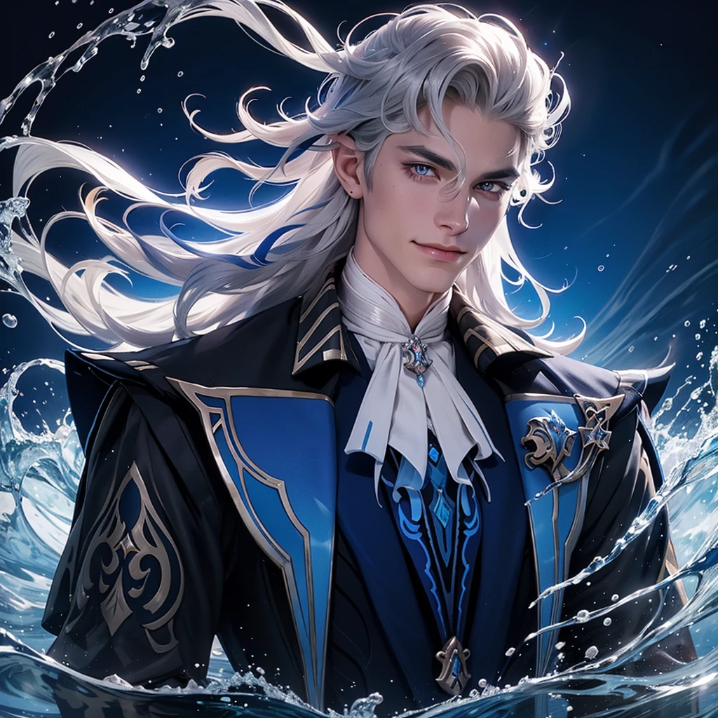 1 man neuvilette, long hair, silver hair, blue streak, blue glowing eyes, fist glowing, water waves in background, holding stick up high, royal robes, gentle smile on face, half portrait, wind blowing