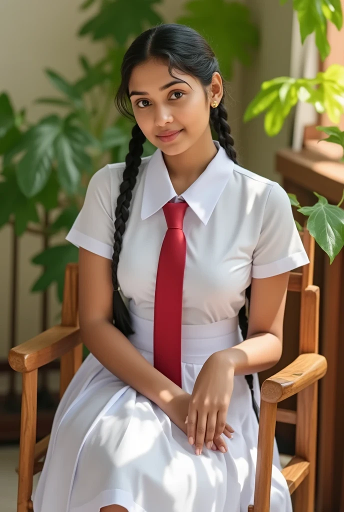 a beautiful cute young teen girl, sri lanka , big breasts size , detailed white frock uniform, color tie , sitting on the chair, white shoes and socks , full body , wide photo ,cinematic lighting, hyperrealistic, photorealistic, 8k, masterpiece, warm colors, natural lighting , high quality, intricate details