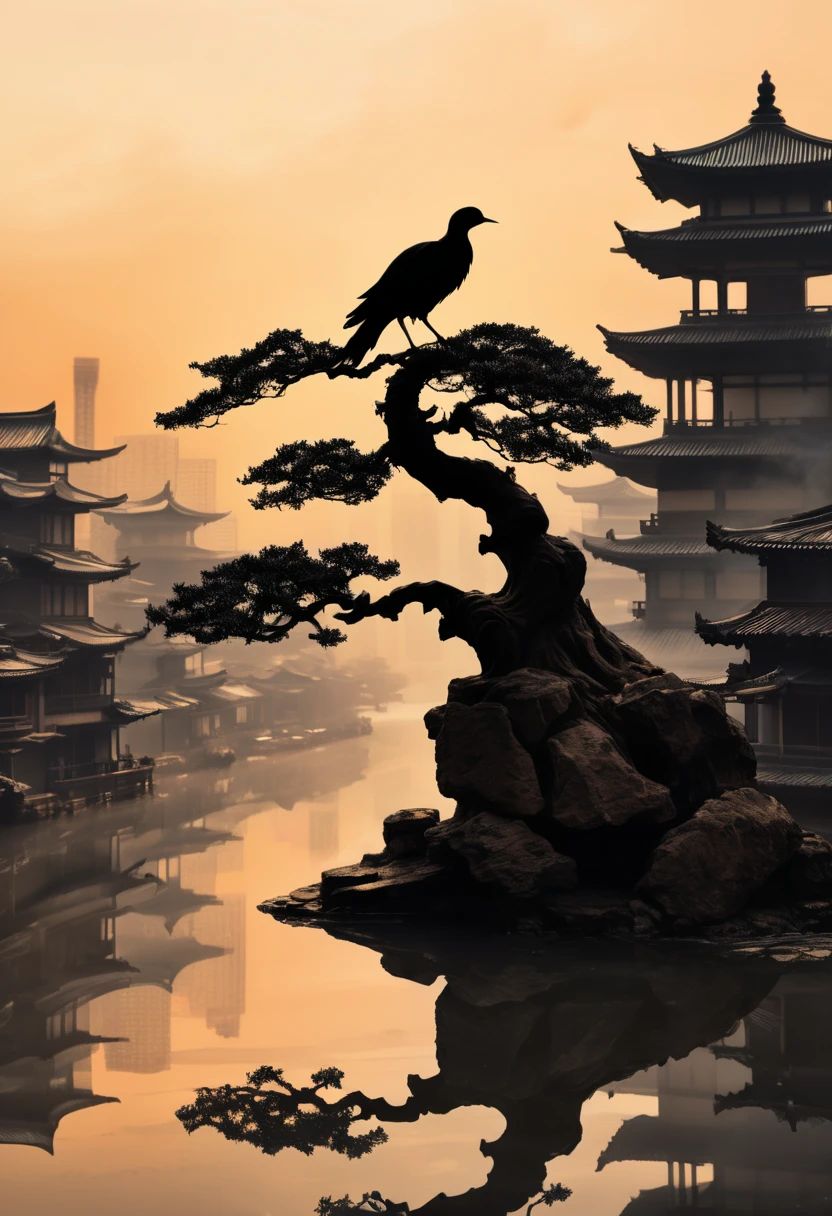 "Inkpunk Serenity" - Title: "The Solitary Flight" is an official 8K ink art masterpiece that encapsulates the essence of the inkpunk genre. A solitary bonsai tree stands tall, a beacon of life amidst the sprawling East Asian-inspired architecture that has been reclaimed by nature. The sunset casts a muted glow across the scene, the fading light bringing out the intricate details of the buildings that once bustled with activity. The solitary bird, its ink-black silhouette stark against the warm backdrop, soars through the air with an elegance that speaks of freedom and resilience. The muted color palette and meticulous attention to detail in the architecture create a sense of history and decay, a world that has moved on from the hands of its creators. The bonsai, a symbol of patience and perseverance, stands as a testament to the enduring spirit that refuses to be extinguished. This single image tells a story of a civilization's rise and fall, the eternal struggle between nature and the constructed world. The composition is balanced and deliberate, each stroke of ink a deliberate choice that adds to the overall narrative. It's a scene that invites contemplation and reflection, a moment of peace in a genre that often embraces chaos and technology. /np easynegative