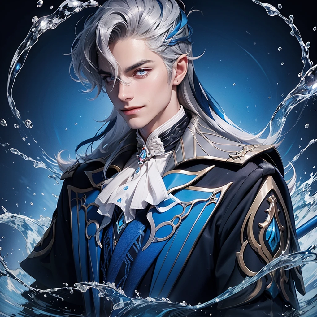 1 man neuvilette, long hair, silver hair, blue streak, blue glowing eyes, fist glowing, water waves in background, holding stick up high, royal robes, gentle smile on face, half portrait