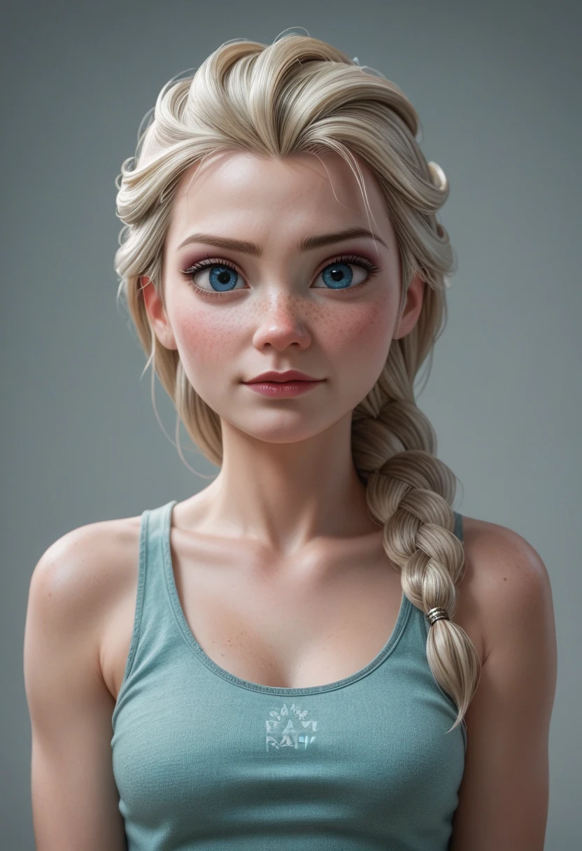 elsa, rule of thirds, detailed face, detailed nose, freckles, 3dcg,raw, 3d render,analog, tanktop