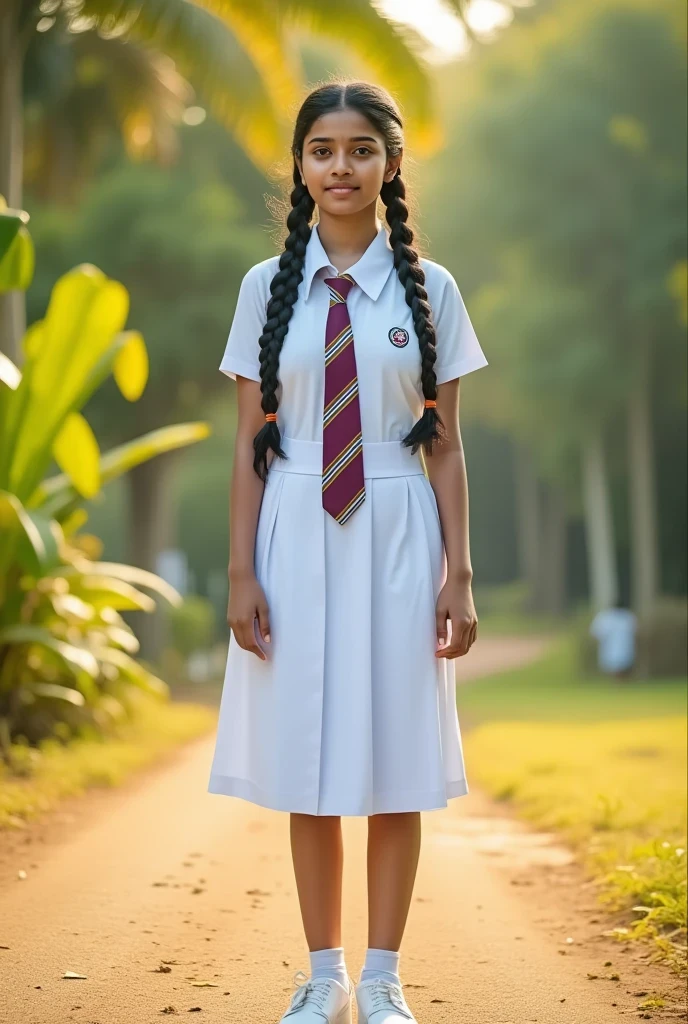 a beautiful cute girl, sri lanka , big breasts size , detailed white frock uniform, color tie , standing , white shoes and socks , full body , wide photo ,cinematic lighting, hyperrealistic, photorealistic, 8k, masterpiece, warm colors, natural lighting , high quality, intricate details