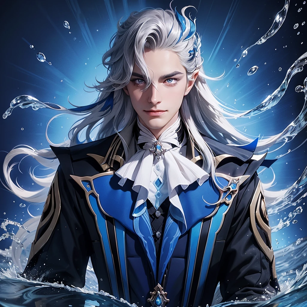 1 man neuvilette, long hair, silver hair, blue streak, blue glowing eyes, fist glowing, water waves in background, holding stick up high, royal robes, gentle smile on face, half portrait