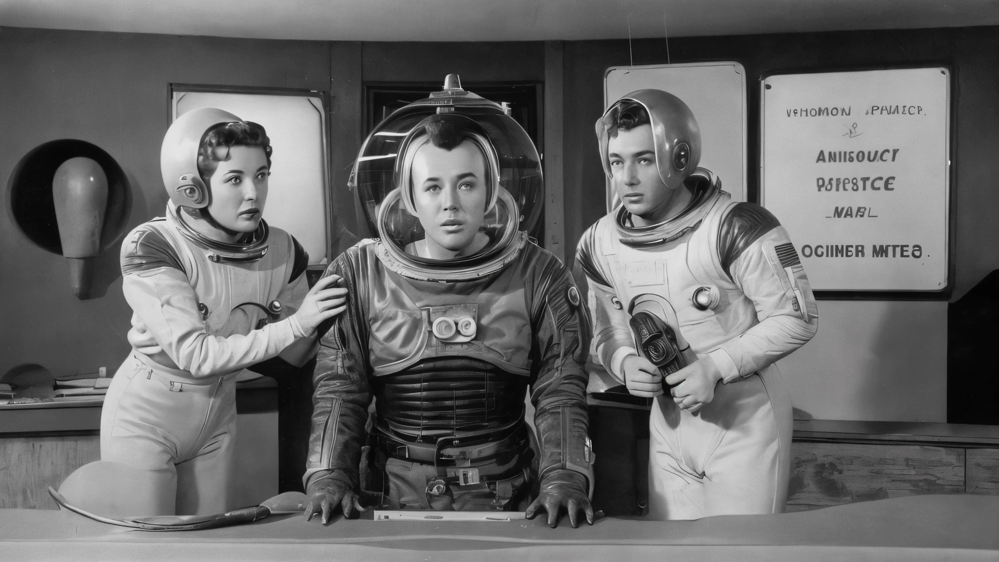 till from a Sci-Fi UFO Monsters TV SHOW (((full Long shot image))) showing a scene from an old science fiction and adventure TV/Movie series with monsters from the 1950s, monster, OUTER LIMITS, TWILIGHT ZONE TV SHOW, (((OUTER LIMITS, LOST IN SPACE TV SHOW, Tom Corbett Space Cadett TV Show, Rocky Jones Space Ranger))), ( Science Fiction Theatre TV Show) , (((threatening monster attacking))), scientist, Beautiful and sensual young woman model 50s style, proportional human heights, (((perfect faces))), proportional heights, characters in proportional sizes, outer limits TV show, Forbidden Planet Movie, Lost in Space, old aesthetic, old image style, lobby card style photography (((pretty woman 1950 style))), Old image style,
Negative Prompts