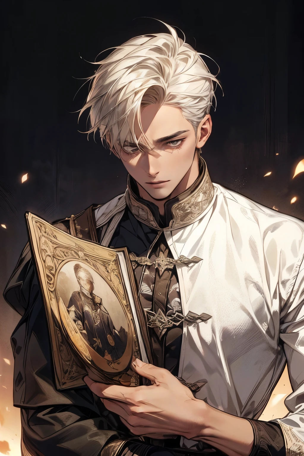 Muscular male, mercenary, 30years old man, handsome, very short hair, short hair style, dark skin tone, tanned skin, Mediavel style, mercenary, medieval clothes, detailed background, romance fansasy book cover, (masterpiece:1.21),(bestquality:1.21),8k,high detailed,ultra-detailed,photography,award winning,documentary,Original Photo,Realisticity,solo,physically-based rendering,depth of field,(low saturation:1.3),(1boy;1.4:1.1),a male,silm,Real Skin Texture,White Marble Glowing Skin,model,model(random_color_clothing:1.45),(random stylish pose action:1.1), (close up shot),(random hair style),Alone