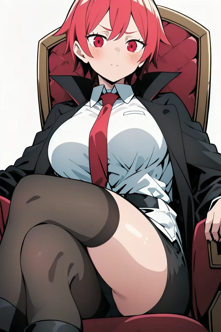 The young woman red eyes short white hair wear a vampire black coat inside vampire black coat has a carmine color, white shirt, red necktie, black pencil skirt, black underpants, long black tights, black socks, white leather boots, sitting with legs open on the vampire throne, light grey background, cartoon novel, 4K, HD