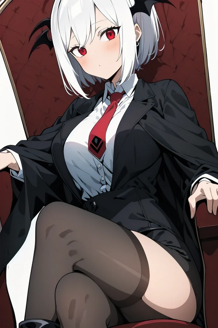 The young woman red eyes short white hair wear a vampire black coat inside vampire black coat has a carmine color, white shirt, red necktie, black pencil skirt, black underpants, long black tights, black socks, white leather boots, sitting with legs open on the vampire throne, light grey background, cartoon novel, 4K, HD