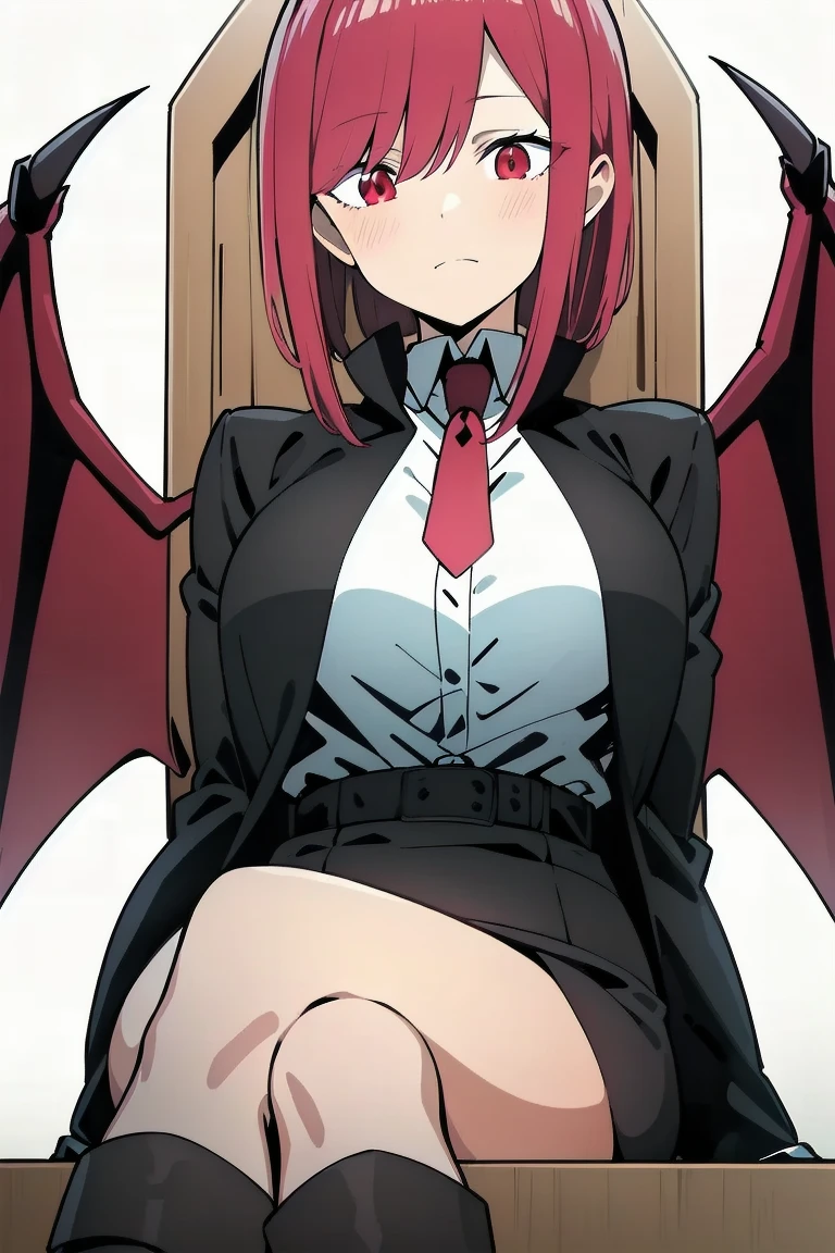 The young woman red eyes short white hair wear a vampire black coat inside vampire black coat has a carmine color, white shirt, red necktie, black pencil skirt, black underpants, long black tights, black socks, white leather boots, sitting with legs open on the vampire throne, light grey background, cartoon novel, 4K, HD