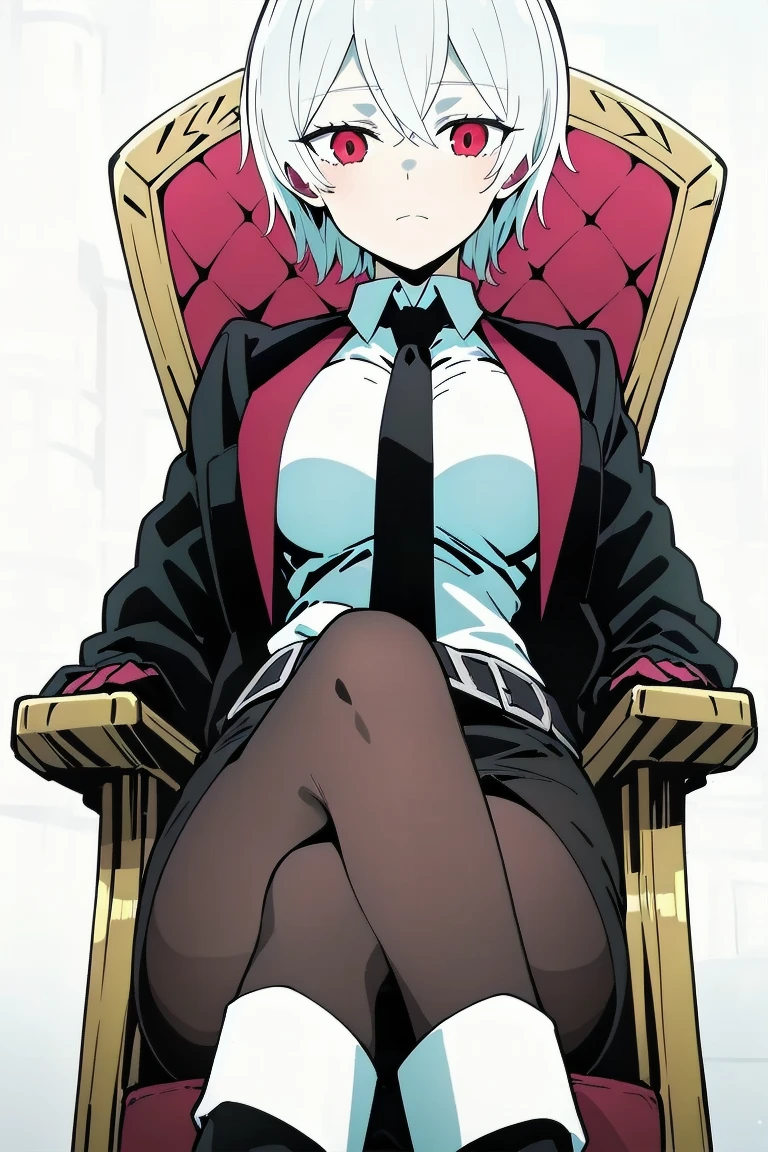 The young woman red eyes short white hair wear a vampire black coat inside vampire black coat has a carmine color, white shirt, red necktie, black pencil skirt, black underpants, long black tights, black socks, white leather boots, sitting with legs open on the vampire throne, light grey background, cartoon novel, 4K, HD