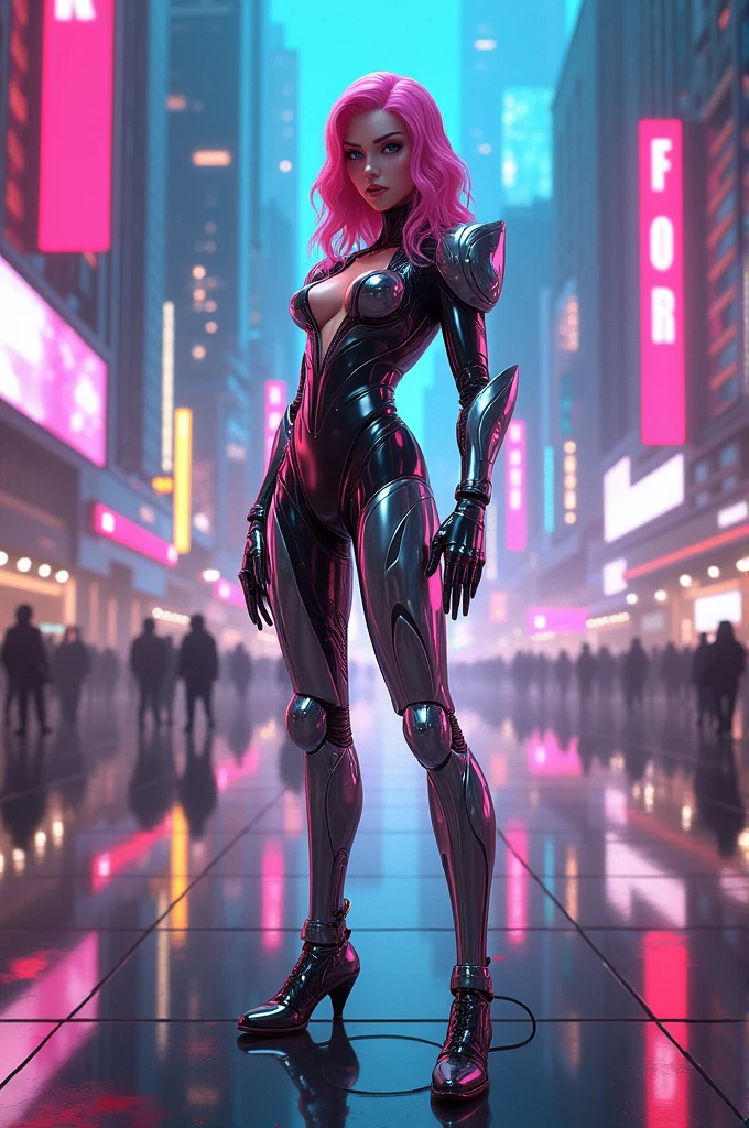 The city of the future, cyberpunk, pink hair, on a motorcycle, a motorcycle glows with neons, a latex suit with red stripes, a suit glitters, bare breasts, skyscrapers, evening, bulge, big breasts, wide hips, voluminous breasts, open zipper between the legs, red panties under the suit, long curly hair, blue eyes --auto --s2