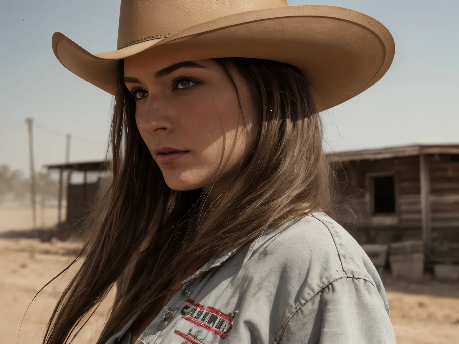 close-up of a female cowboy in grungy, dirty clothing, long blond hair, cowboy hat, standing in the middle of a dusty 1890's Main Street, gun raised to the camera, dramatic lighting, old wooden buildings in the background, dust swirling in the air, reminiscent of classic Westerns, cinematic style, high detail, intense focus, dynamic composition, 4K UHD image