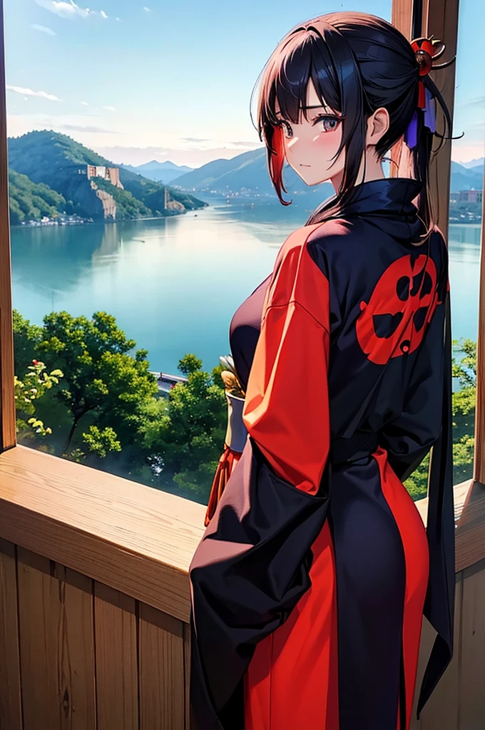 masterpiece,best quality,A back shot of a woman Ninja wearing a stylish ninja hoodie maiko style.beautiful views