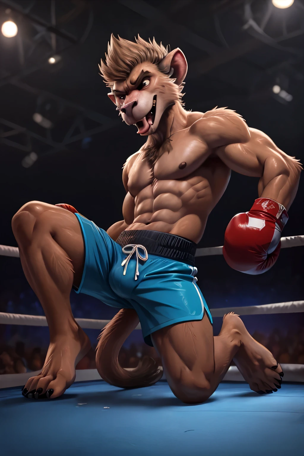 head:1.2, (head close-up):2.2, 4k, high resolution, best quality, posted on e621, solo, anthro body, male african,baboon, adult, masculine, slim:1.2, correct anatomy, (boxing ring background, gym background), (blurry background, out-of-focus background:1.2), (by wfa:1.0), (by takemoto arashi:1.0), (by Taran Fiddler:0.5), sexy, (cel shaded, cartoony shading:1.2), black lineart, black outline, flat coloring, (strong shadows, dark shadows:1.2), (blue shorts (bulge:0.6), topless, boxing gloves), sexy shadows, baboon tail, slim posture, open mouth, sticking out tongue, open:1 eyes, detailed eyes, tilted head, exhausted, wet sweat:1.2, fallen, (lying on back):1.2, lying on ropes, spreaded legs, spreaded arms (foot showing) feet focus (feet fetish) (feet fetish) ((black nails)) ((five toes)) ((long black nails))
